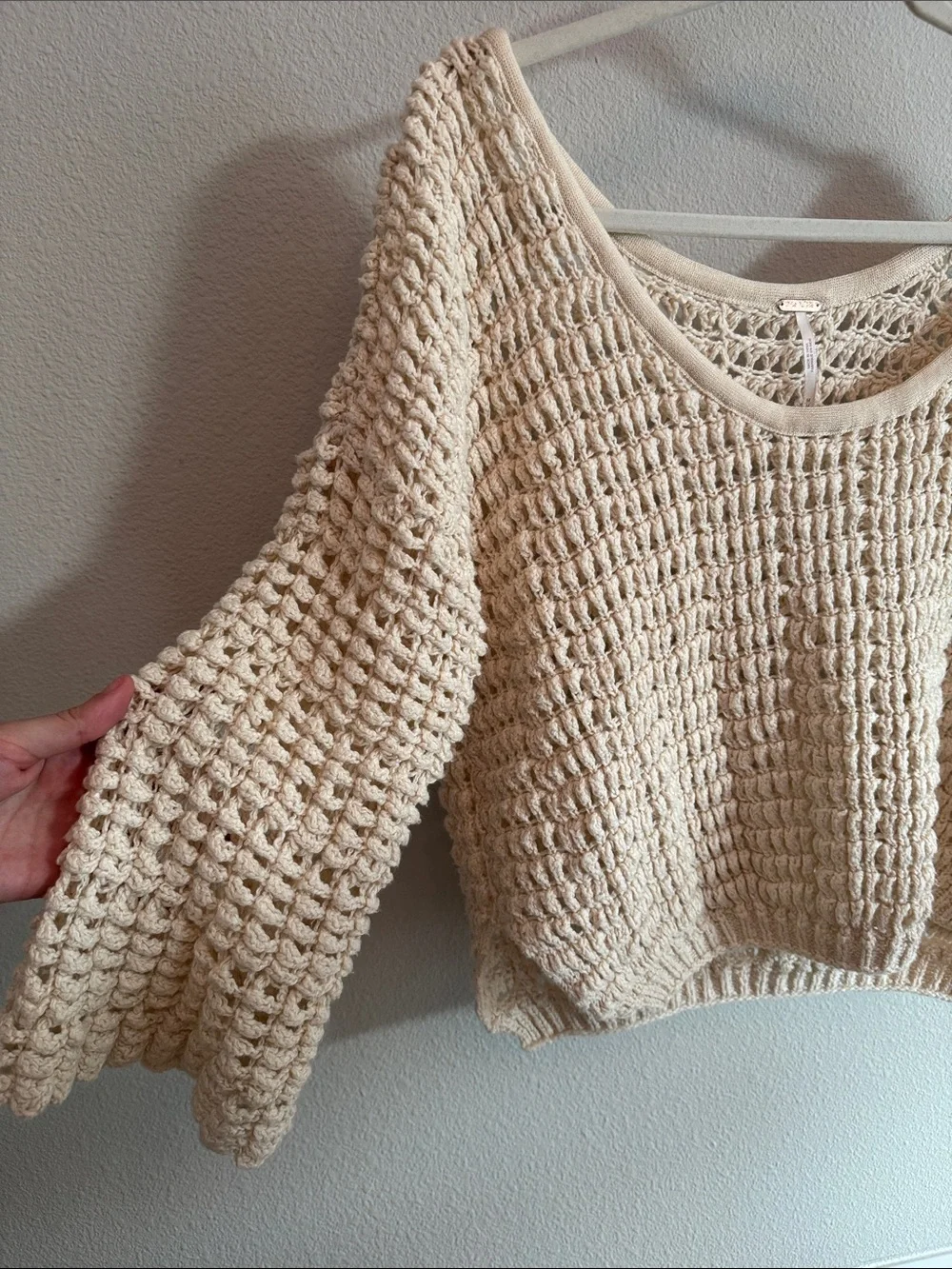 Free People Cream Open-Weave Scoop Neck Sweater